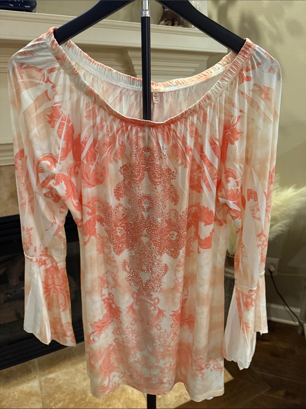 Reba Coral and Cream Embellished Off-Shoulder Tunic